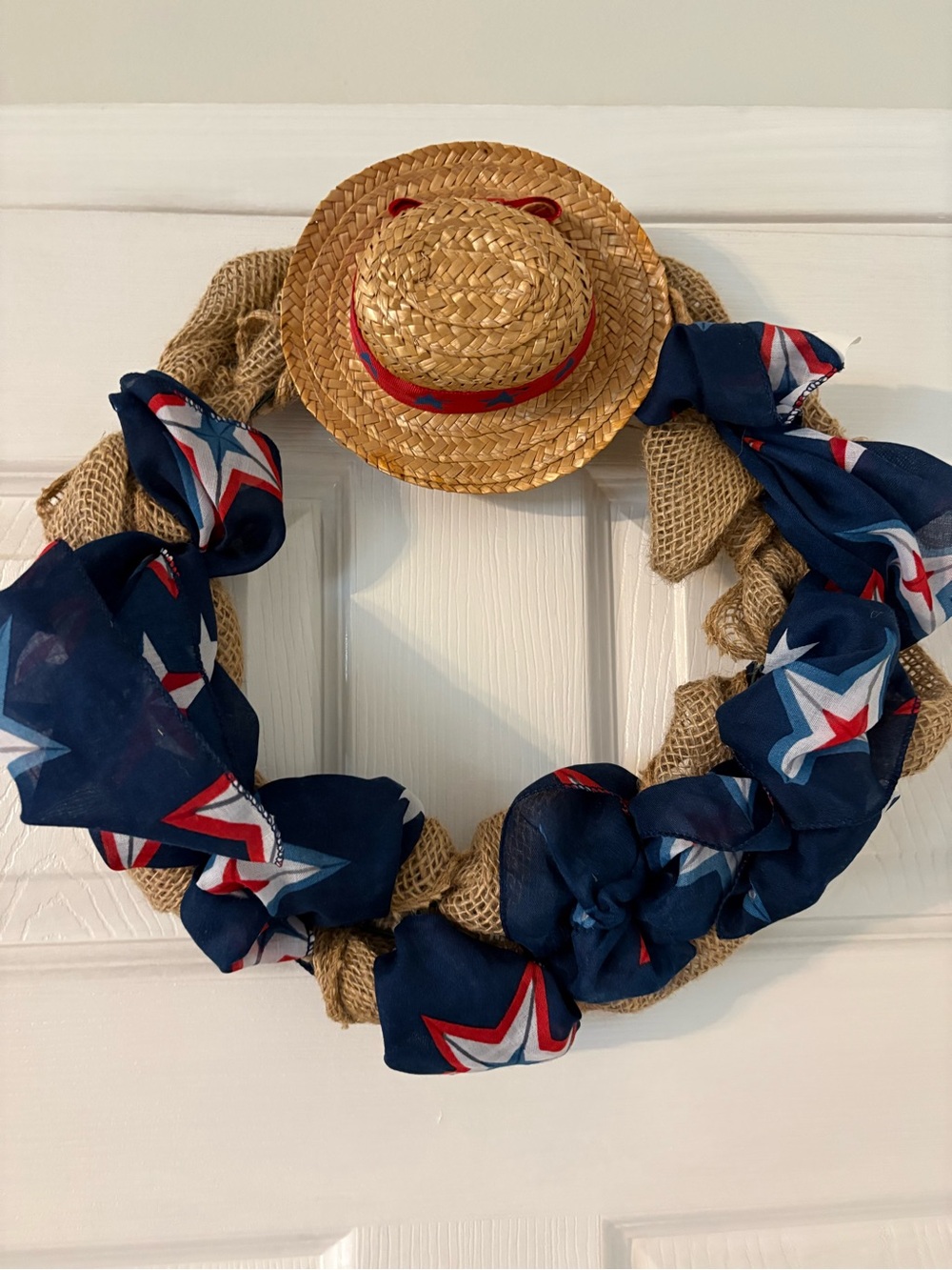 Patriotic Americana Burlap Wreath Straw Hat Red White Blue Stars